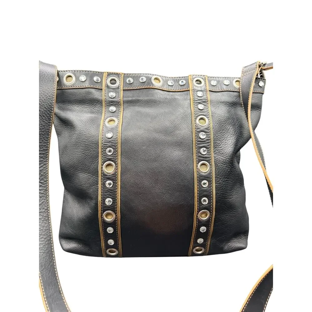 Franco Sarto Black Leather Studded Grommet Tote Shoulder Bag